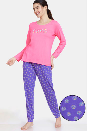 Buy Zivame Impression Knit Cotton Pyjama Set - Purple Corallites
